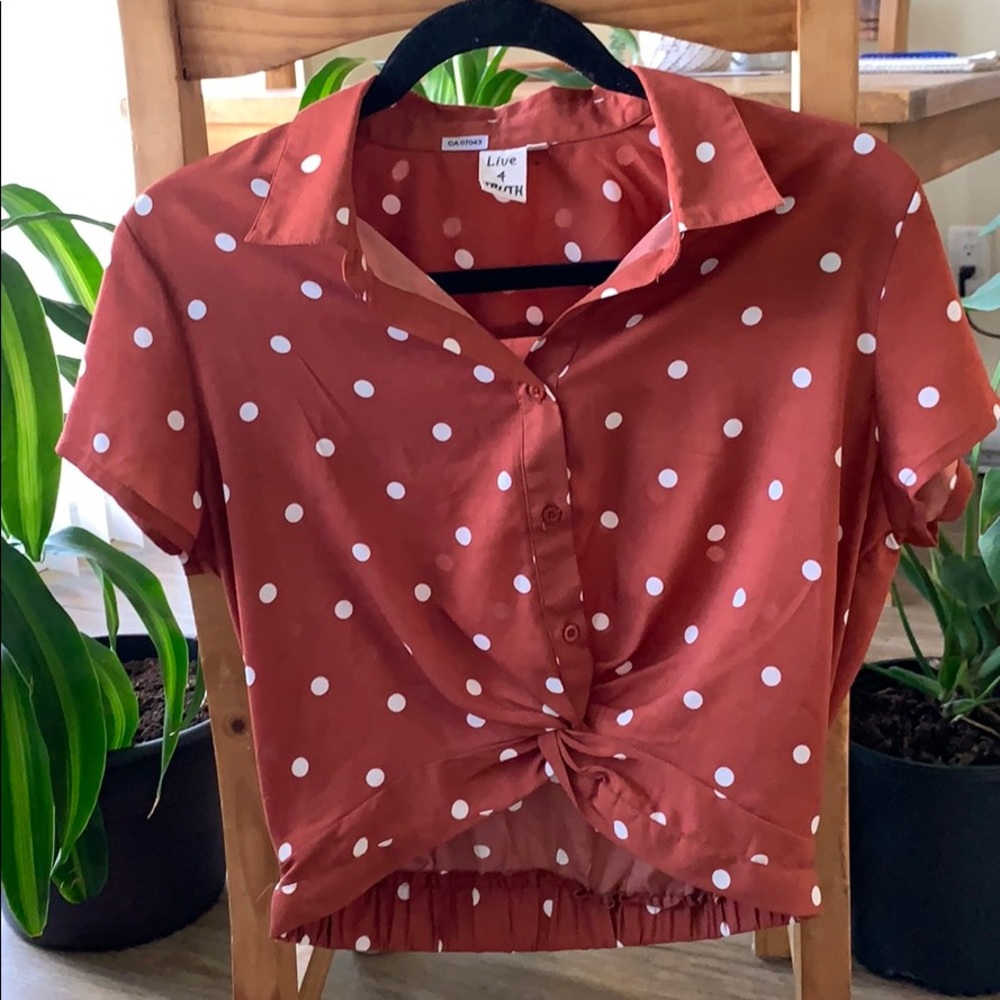 Rust coloured polka dot cropped t-shirt.